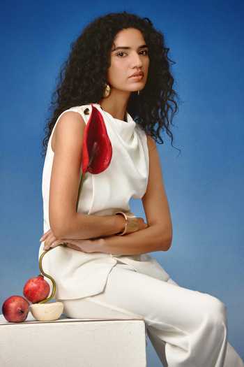 Echostudio_White Crepe Asymmetric Blazer And Pant Set _at_Aza_Fashions