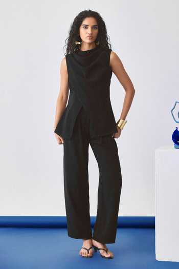 Buy_Echostudio_Black Crepe Peplum Blazer And Pant Set _at_Aza_Fashions