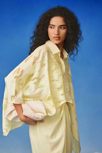 Shop_Echostudio_Yellow Georgette, Viscose Collared Abstract Pattern Maxi Dress _Online_at_Aza_Fashions