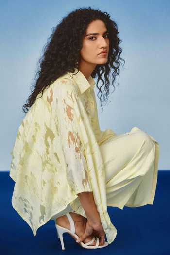Echostudio_Yellow Georgette, Viscose Collared Abstract Pattern Maxi Dress _at_Aza_Fashions