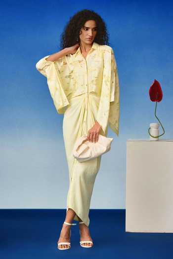 Buy_Echostudio_Yellow Georgette, Viscose Collared Abstract Pattern Maxi Dress 