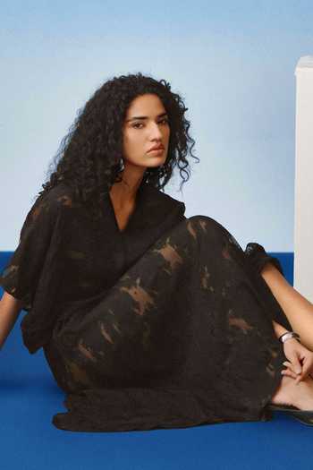 Echostudio_Black Viscose Split V-neck Lace Cutwork Top And Skirt Set _Online_at_Aza_Fashions