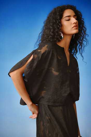 Shop_Echostudio_Black Viscose Split V-neck Lace Cutwork Top And Skirt Set _Online_at_Aza_Fashions