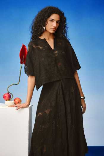 Echostudio_Black Viscose Split V-neck Lace Cutwork Top And Skirt Set _at_Aza_Fashions