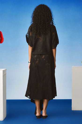 Shop_Echostudio_Black Viscose Split V-neck Lace Cutwork Top And Skirt Set _at_Aza_Fashions