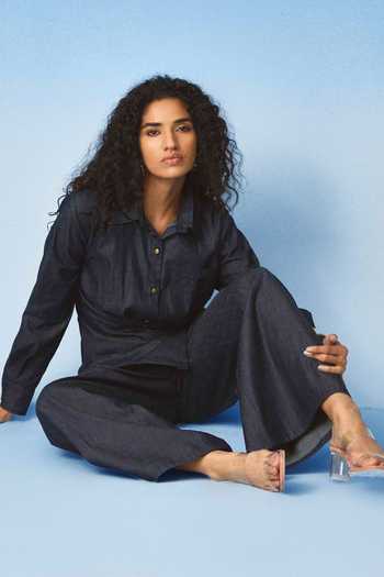 Echostudio_Blue Denim Collared Asymmerric Shirt And Pant Set _Online_at_Aza_Fashions