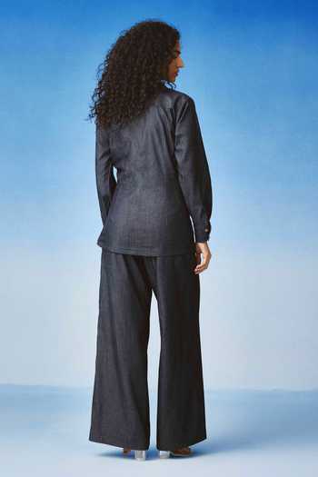 Shop_Echostudio_Blue Denim Collared Asymmerric Shirt And Pant Set _at_Aza_Fashions