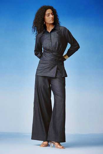 Buy_Echostudio_Blue Denim Collared Asymmerric Shirt And Pant Set _Online_at_Aza_Fashions