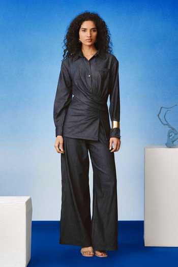 Echostudio_Blue Denim Collared Asymmerric Shirt And Pant Set _at_Aza_Fashions
