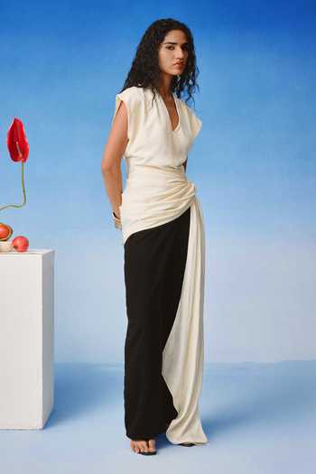 Echostudio_Ivory Satin V-neck Echo Drape Asymmetric Top _Online_at_Aza_Fashions