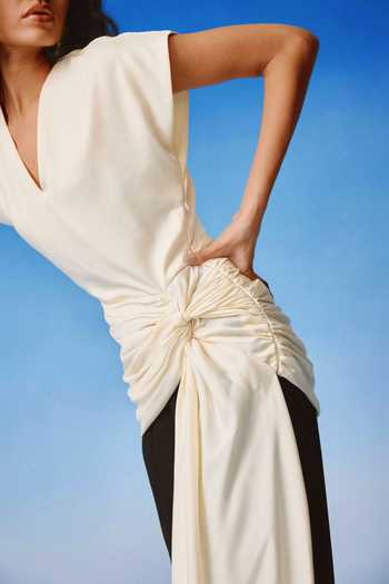 Buy_Echostudio_Ivory Satin V-neck Echo Drape Asymmetric Top _Online_at_Aza_Fashions