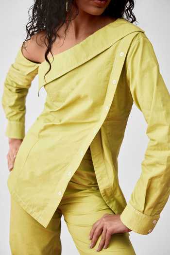 Echostudio_Green Cotton Off-shoulder Asymmetric Top And Pant Set _Online_at_Aza_Fashions