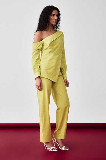 Shop_Echostudio_Green Cotton Off-shoulder Asymmetric Top And Pant Set _Online_at_Aza_Fashions