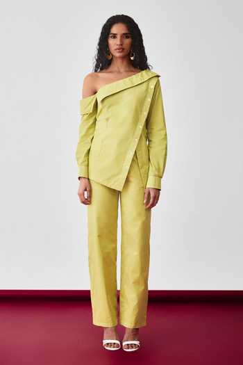 Echostudio_Green Cotton Off-shoulder Asymmetric Top And Pant Set _at_Aza_Fashions