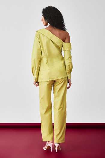 Shop_Echostudio_Green Cotton Off-shoulder Asymmetric Top And Pant Set _at_Aza_Fashions