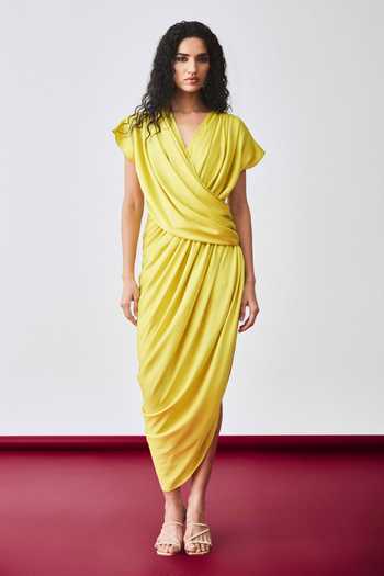 Echostudio_Yellow Satin V-neck Asymmetric Draped Dress _Online_at_Aza_Fashions
