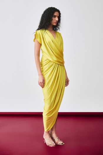 Buy_Echostudio_Yellow Satin V-neck Asymmetric Draped Dress _Online_at_Aza_Fashions