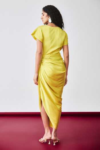 Shop_Echostudio_Yellow Satin V-neck Asymmetric Draped Dress _at_Aza_Fashions