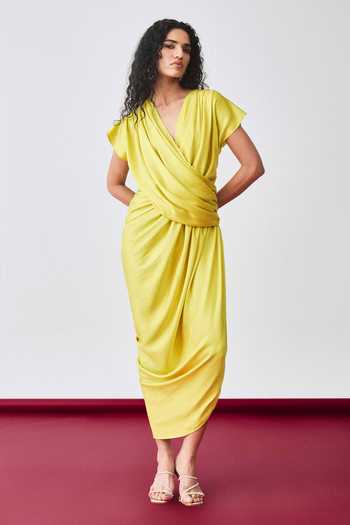 Buy_Echostudio_Yellow Satin V-neck Asymmetric Draped Dress _at_Aza_Fashions