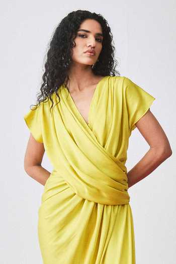 Shop_Echostudio_Yellow Satin V-neck Asymmetric Draped Dress _Online_at_Aza_Fashions