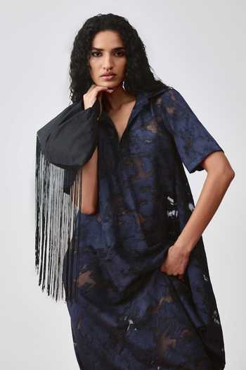 Echostudio_Navy Viscose Collared Echo Loom Textured Dress _Online_at_Aza_Fashions