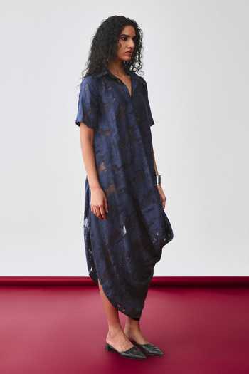 Buy_Echostudio_Navy Viscose Collared Echo Loom Textured Dress _Online_at_Aza_Fashions