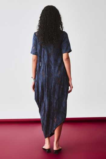Shop_Echostudio_Navy Viscose Collared Echo Loom Textured Dress _at_Aza_Fashions