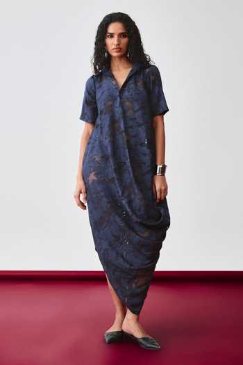 Echostudio_Navy Viscose Collared Echo Loom Textured Dress _at_Aza_Fashions