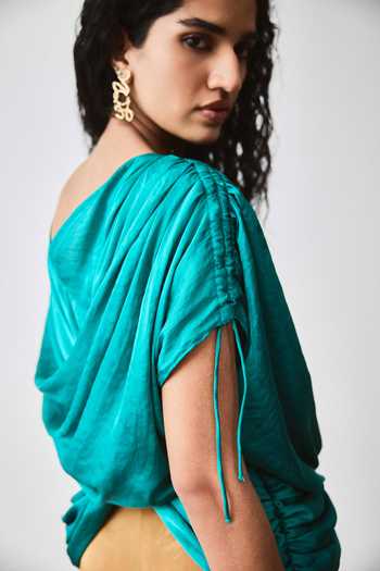 Shop_Echostudio_Teal Satin Cowl Neck Echo Fern Draped Top _Online_at_Aza_Fashions