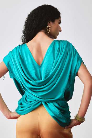 Shop_Echostudio_Teal Satin Cowl Neck Echo Fern Draped Top _at_Aza_Fashions