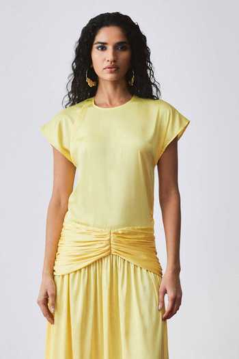 Echostudio_Yellow Satin Round Neck Asymmetric Gathered Dress _Online_at_Aza_Fashions