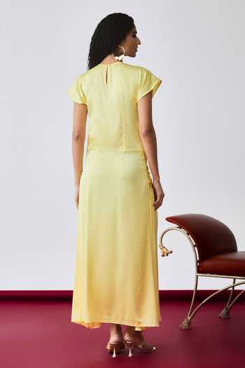 Shop_Echostudio_Yellow Satin Round Neck Asymmetric Gathered Dress _at_Aza_Fashions