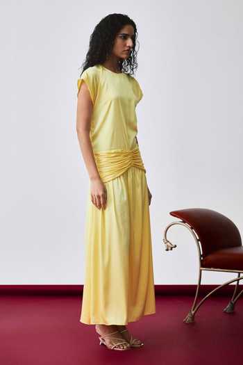 Buy_Echostudio_Yellow Satin Round Neck Asymmetric Gathered Dress _Online_at_Aza_Fashions