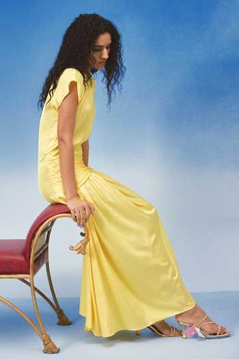 Echostudio_Yellow Satin Round Neck Asymmetric Gathered Dress _at_Aza_Fashions