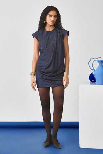 Buy_Echostudio_Blue Denim Round Neck Asymmetric Dress _at_Aza_Fashions