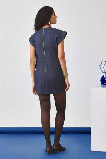 Shop_Echostudio_Blue Denim Round Neck Asymmetric Dress _at_Aza_Fashions