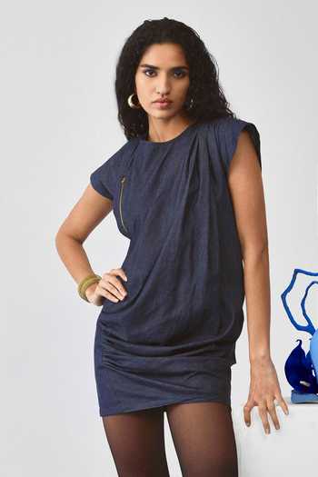 Buy_Echostudio_Blue Denim Round Neck Asymmetric Dress _Online_at_Aza_Fashions