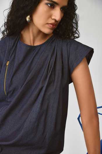 Echostudio_Blue Denim Round Neck Asymmetric Dress _at_Aza_Fashions