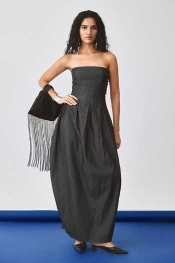 Buy_Echostudio_Black Denim Studs Bandeau Neck Flared Balloon Dress _at_Aza_Fashions