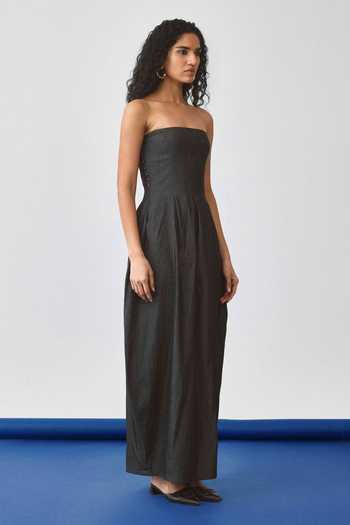 Echostudio_Black Denim Studs Bandeau Neck Flared Balloon Dress _Online_at_Aza_Fashions