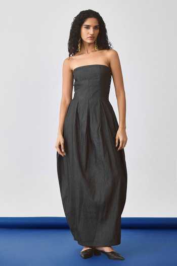 Buy_Echostudio_Black Denim Studs Bandeau Neck Flared Balloon Dress _Online_at_Aza_Fashions