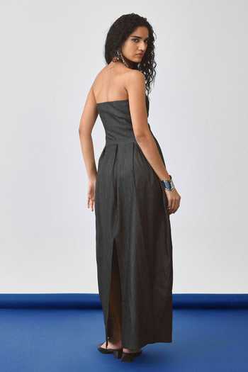 Shop_Echostudio_Black Denim Studs Bandeau Neck Flared Balloon Dress _at_Aza_Fashions