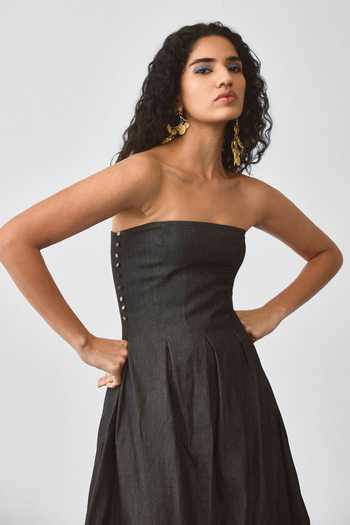 Shop_Echostudio_Black Denim Studs Bandeau Neck Flared Balloon Dress _Online_at_Aza_Fashions