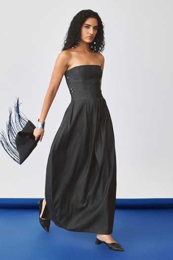 Echostudio_Black Denim Studs Bandeau Neck Flared Balloon Dress _at_Aza_Fashions