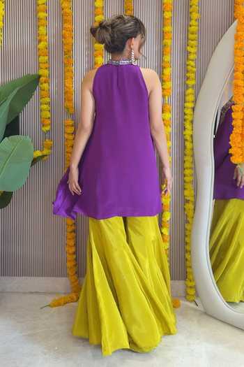 Shop_Surkh Syahi_Purple Crepe High Neck Sleeveless Kurta And Sharara Set _at_Aza_Fashions