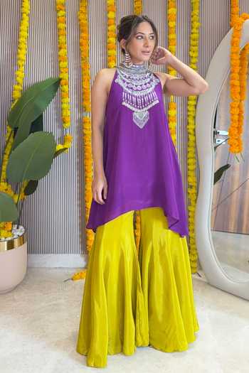 Buy_Surkh Syahi_Purple Crepe High Neck Sleeveless Kurta And Sharara Set _at_Aza_Fashions