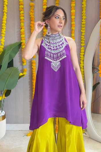 Buy_Surkh Syahi_Purple Crepe High Neck Sleeveless Kurta And Sharara Set _Online_at_Aza_Fashions