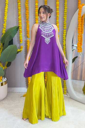 Shop_Surkh Syahi_Purple Crepe High Neck Sleeveless Kurta And Sharara Set _Online_at_Aza_Fashions
