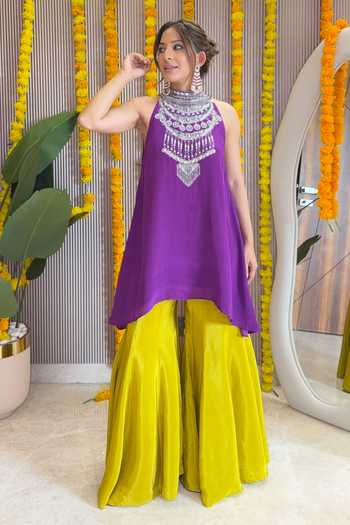 Surkh Syahi_Purple Crepe High Neck Sleeveless Kurta And Sharara Set _at_Aza_Fashions