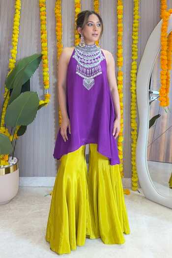 Buy_Surkh Syahi_Purple Crepe High Neck Sleeveless Kurta And Sharara Set 